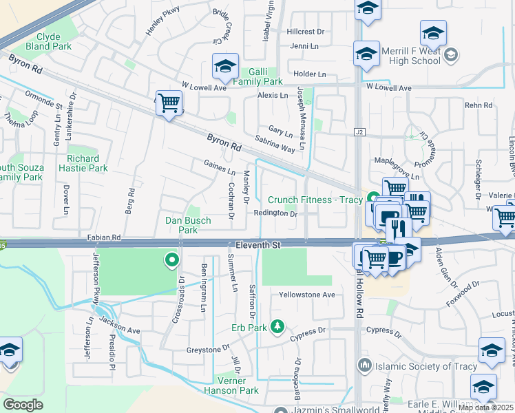 map of restaurants, bars, coffee shops, grocery stores, and more near 1185 Palomar Drive in Tracy