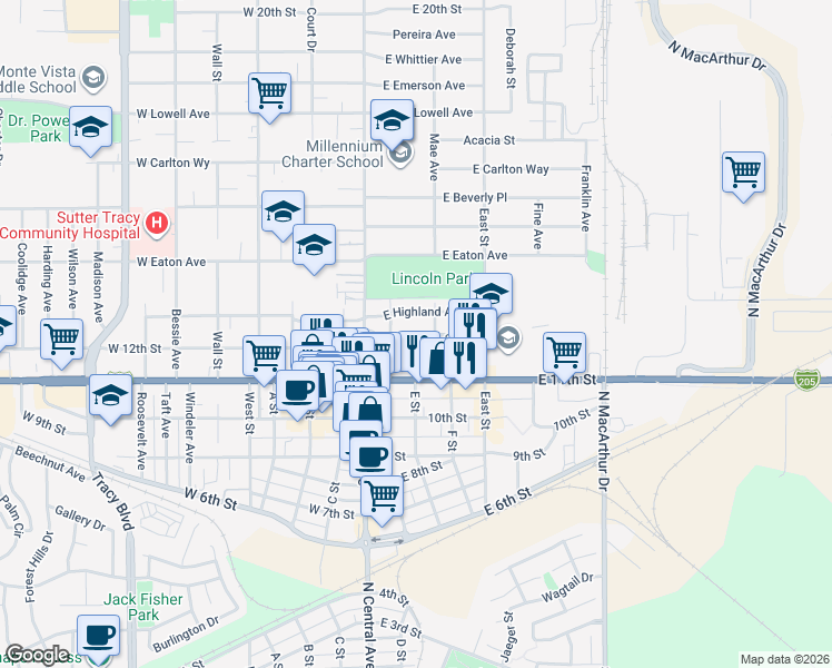 map of restaurants, bars, coffee shops, grocery stores, and more near 134 East Highland Avenue in Tracy