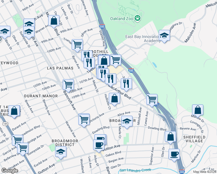 map of restaurants, bars, coffee shops, grocery stores, and more near 2615 109th Avenue in Oakland