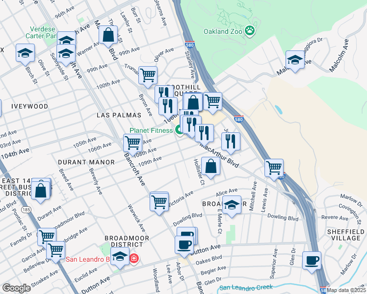 map of restaurants, bars, coffee shops, grocery stores, and more near 2526 108th Avenue in Oakland