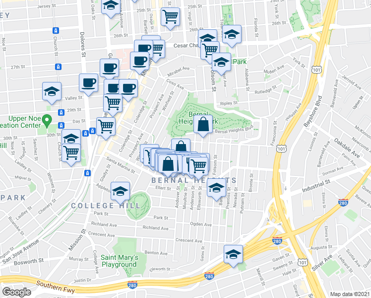 map of restaurants, bars, coffee shops, grocery stores, and more near 100 Andover Street in San Francisco