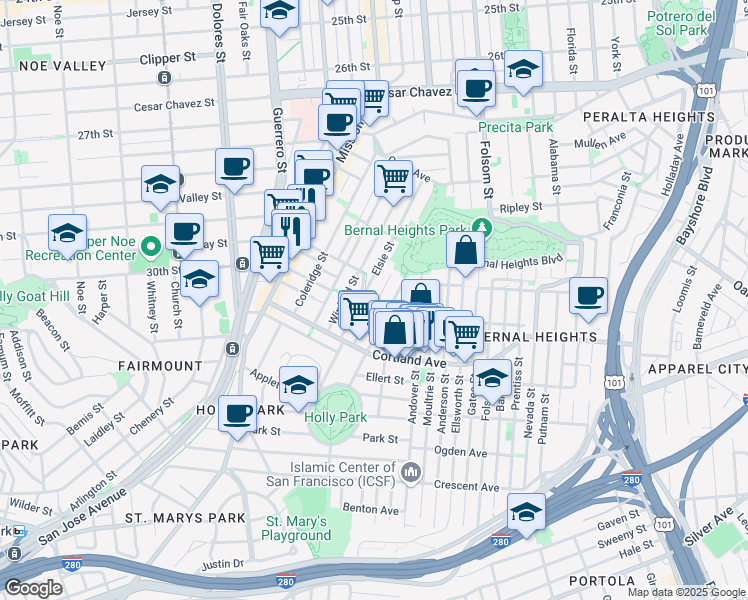 map of restaurants, bars, coffee shops, grocery stores, and more near 168 Bonview Street in San Francisco