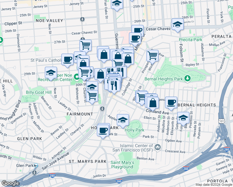 map of restaurants, bars, coffee shops, grocery stores, and more near 3395 Mission Street in San Francisco