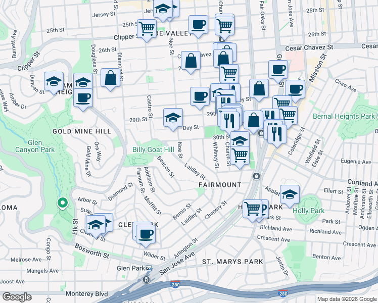 map of restaurants, bars, coffee shops, grocery stores, and more near in San Francisco