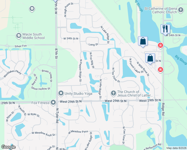 map of restaurants, bars, coffee shops, grocery stores, and more near 8131 W Westlakes St in Wichita