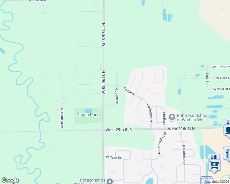 map of restaurants, bars, coffee shops, grocery stores, and more near Fontana in Wichita