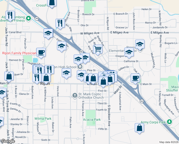 map of restaurants, bars, coffee shops, grocery stores, and more near 422 Pine Street in Ripon