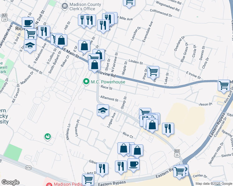 map of restaurants, bars, coffee shops, grocery stores, and more near 1017 Race Street in Richmond
