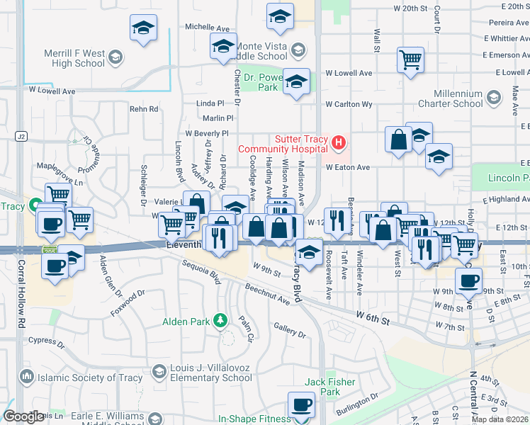 map of restaurants, bars, coffee shops, grocery stores, and more near 1250 Coolidge Avenue in Tracy