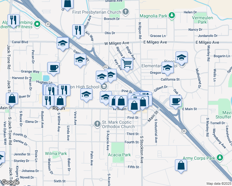 map of restaurants, bars, coffee shops, grocery stores, and more near 422 Pine Street in Ripon