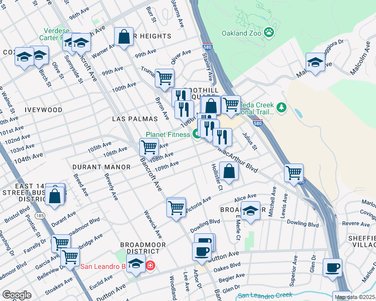 map of restaurants, bars, coffee shops, grocery stores, and more near 2420 108th Avenue in Oakland