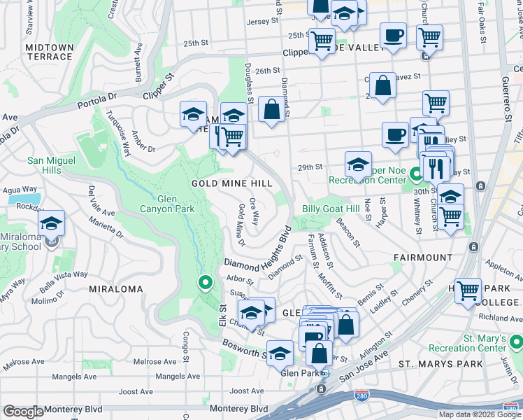 map of restaurants, bars, coffee shops, grocery stores, and more near 43 Ora Way in San Francisco