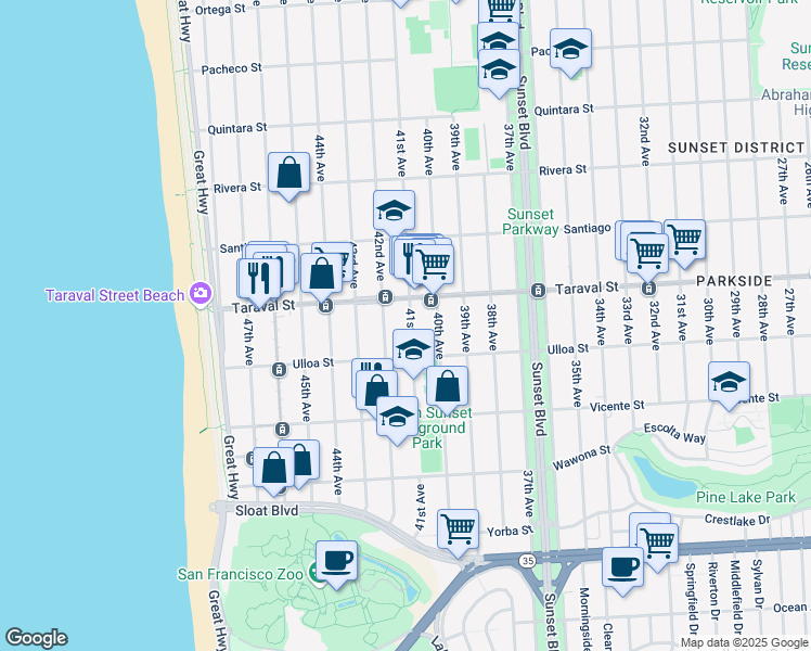 map of restaurants, bars, coffee shops, grocery stores, and more near 2426 41st Avenue in San Francisco