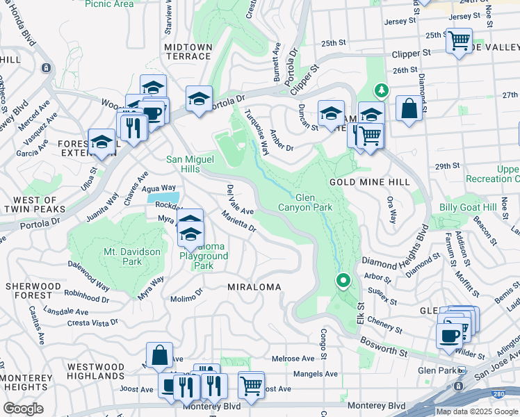 map of restaurants, bars, coffee shops, grocery stores, and more near O'Shaughnessy Boulevard in San Francisco