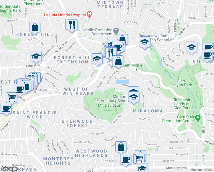 map of restaurants, bars, coffee shops, grocery stores, and more near Rockdale Dr & Chaves Ave in San Francisco