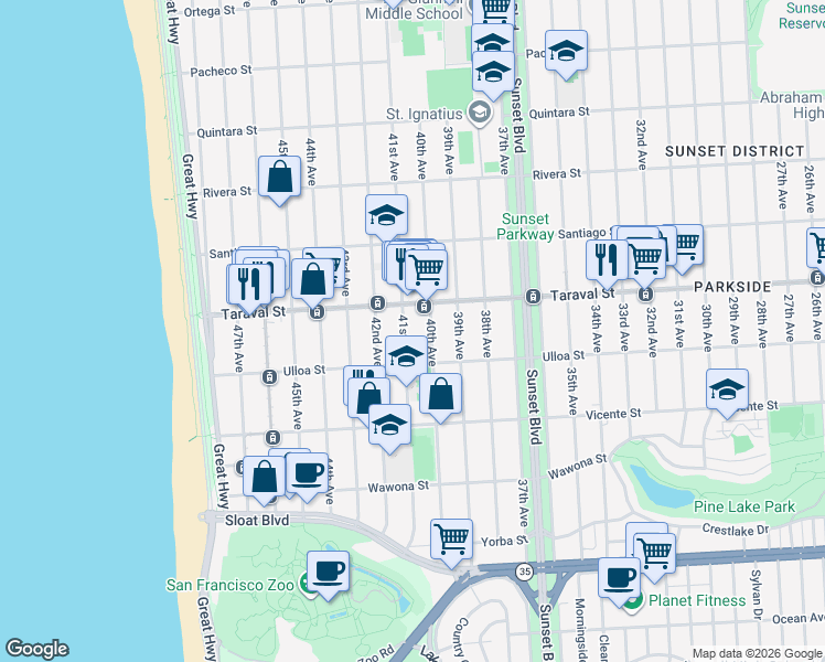 map of restaurants, bars, coffee shops, grocery stores, and more near 2442 41st Avenue in San Francisco