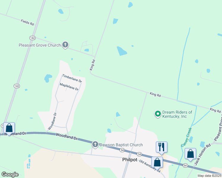 map of restaurants, bars, coffee shops, grocery stores, and more near 4465-4767 King Road in Philpot