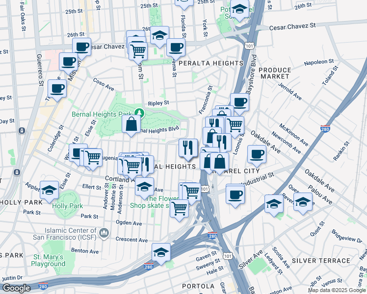 map of restaurants, bars, coffee shops, grocery stores, and more near 965 Powhattan Avenue in San Francisco