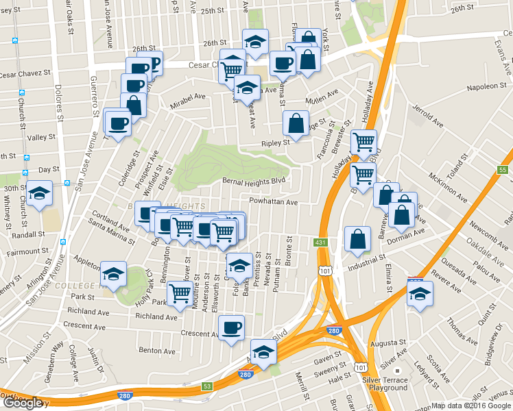 map of restaurants, bars, coffee shops, grocery stores, and more near 98 Prentiss Street in San Francisco
