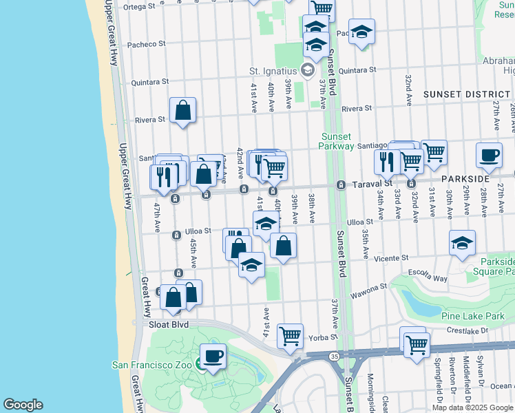 map of restaurants, bars, coffee shops, grocery stores, and more near 2426 41st Avenue in San Francisco