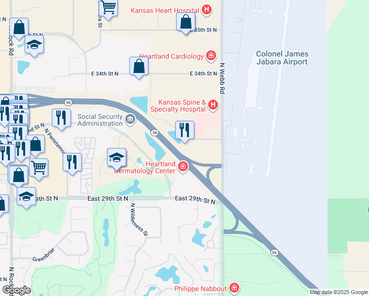map of restaurants, bars, coffee shops, grocery stores, and more near 3213 N Toben St in Wichita