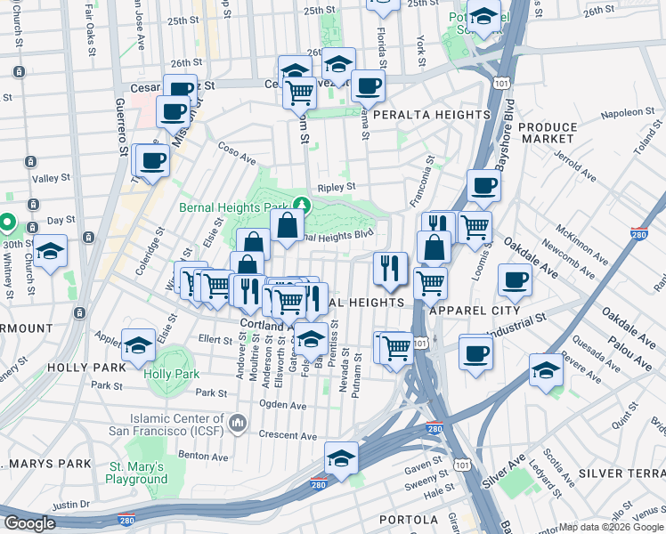 map of restaurants, bars, coffee shops, grocery stores, and more near 98 Prentiss Street in San Francisco