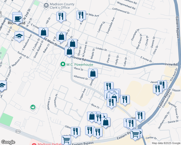map of restaurants, bars, coffee shops, grocery stores, and more near 1121 Race Street in Richmond