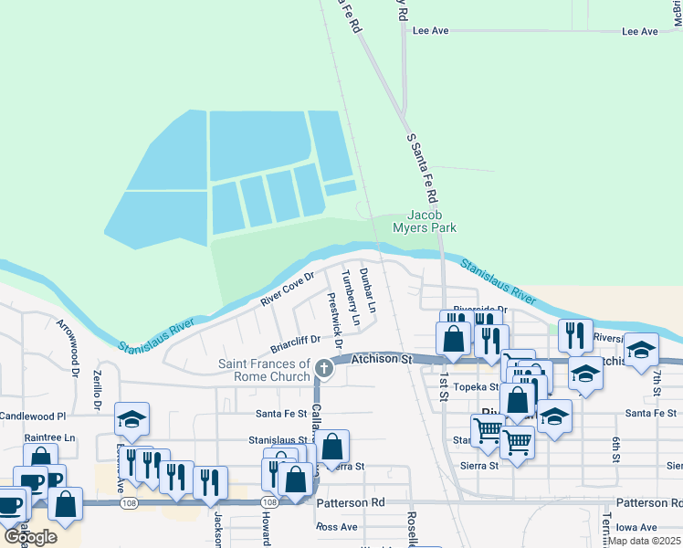 map of restaurants, bars, coffee shops, grocery stores, and more near 7081 Turnberry Lane in Riverbank