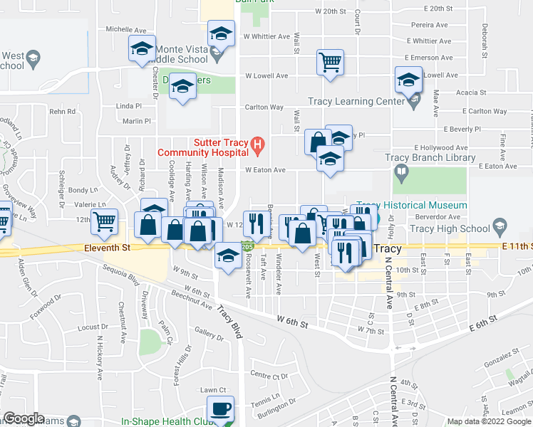 map of restaurants, bars, coffee shops, grocery stores, and more near 1223 Bessie Avenue in Tracy