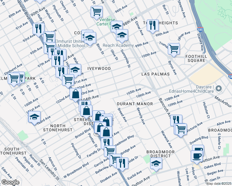 map of restaurants, bars, coffee shops, grocery stores, and more near 1840 104th Avenue in Oakland