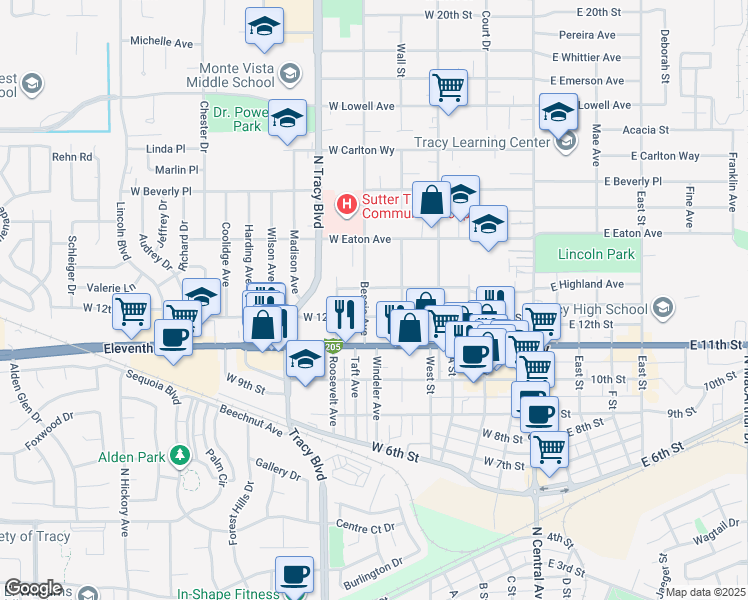 map of restaurants, bars, coffee shops, grocery stores, and more near 1228 Bessie Avenue in Tracy