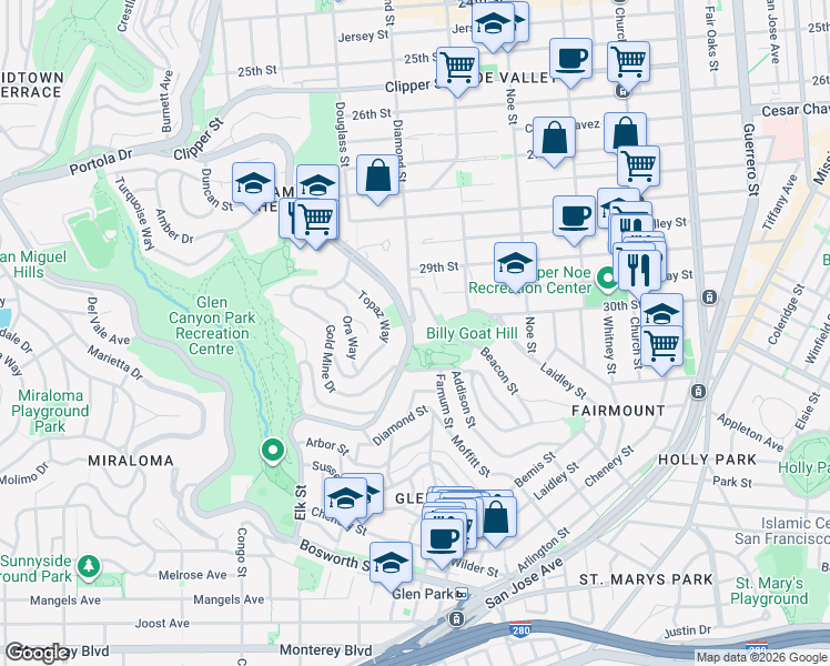 map of restaurants, bars, coffee shops, grocery stores, and more near 5407 Diamond Heights Boulevard in San Francisco