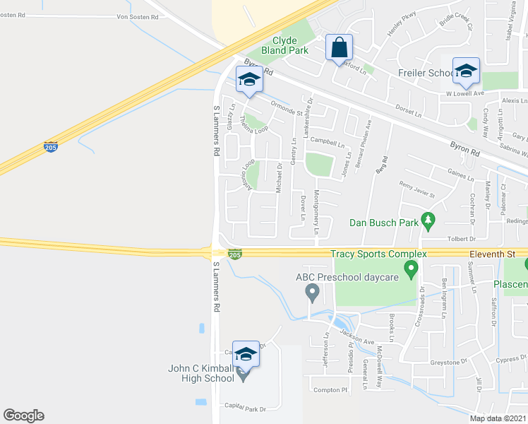 map of restaurants, bars, coffee shops, grocery stores, and more near 3134 Cynthia Court in Tracy