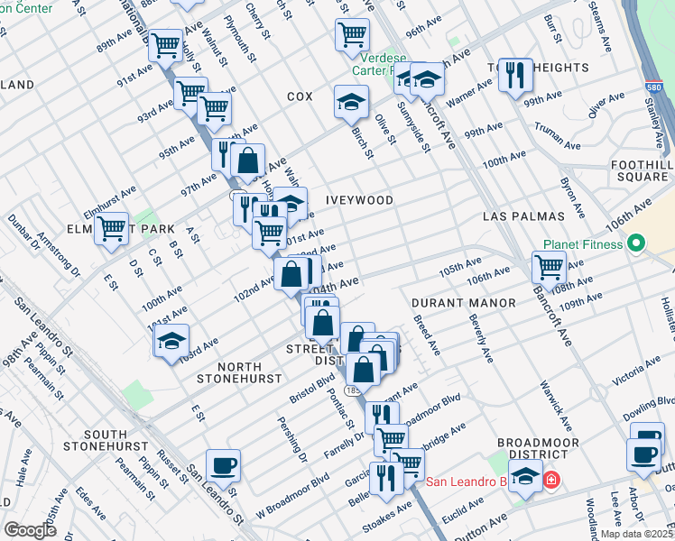 map of restaurants, bars, coffee shops, grocery stores, and more near 1611 103rd Avenue in Oakland