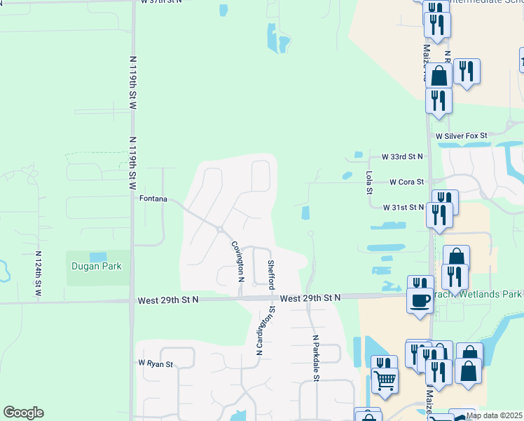 map of restaurants, bars, coffee shops, grocery stores, and more near 11308 Fontana Circle in Wichita