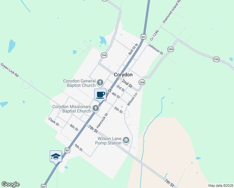 map of restaurants, bars, coffee shops, grocery stores, and more near 301-337 4th Street in Corydon