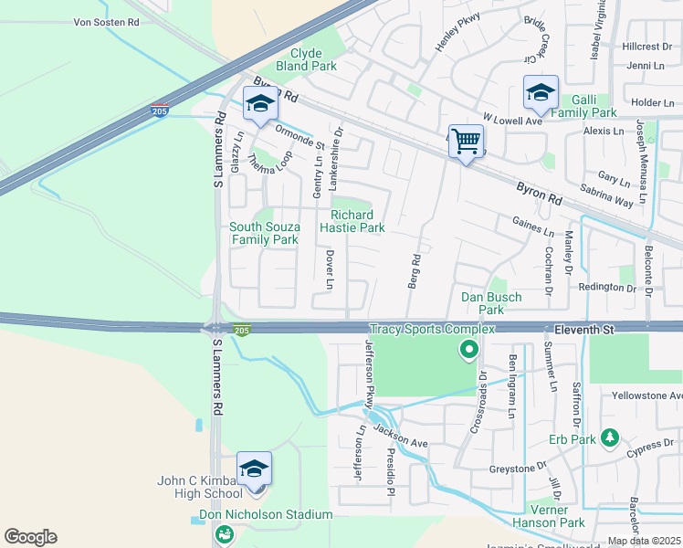 map of restaurants, bars, coffee shops, grocery stores, and more near 1213 Montgomery Lane in Tracy