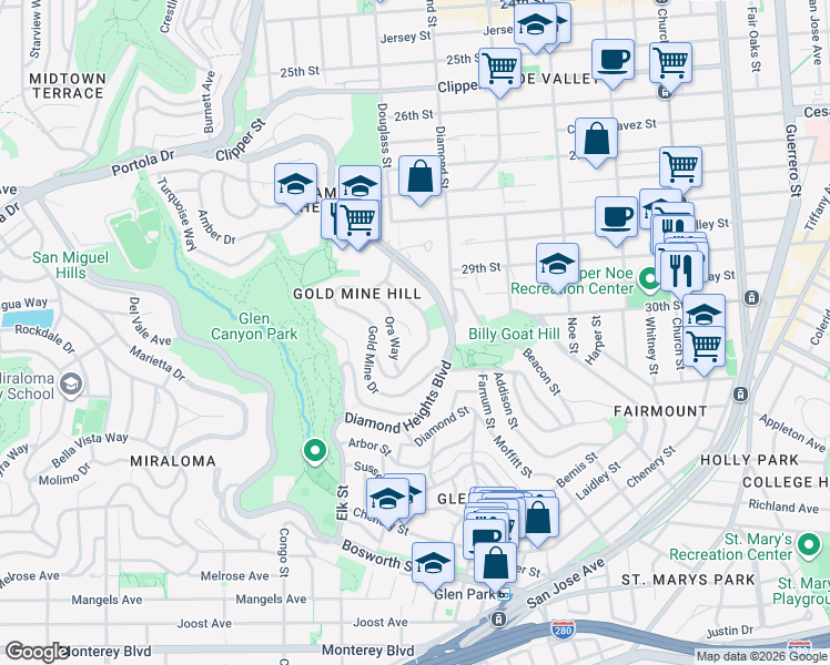 map of restaurants, bars, coffee shops, grocery stores, and more near 55 Ora Way in San Francisco