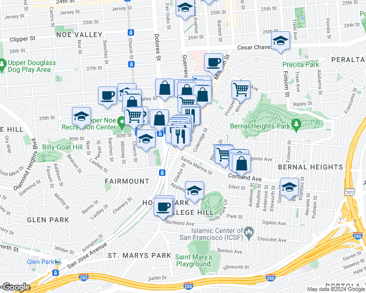 map of restaurants, bars, coffee shops, grocery stores, and more near 3473 Mission Street in San Francisco