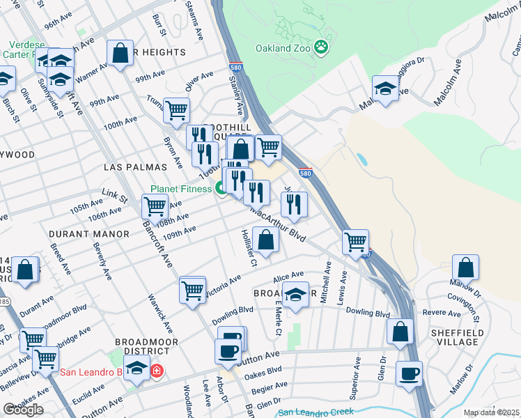 map of restaurants, bars, coffee shops, grocery stores, and more near 10900 MacArthur Boulevard in Oakland