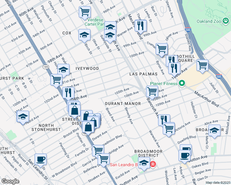 map of restaurants, bars, coffee shops, grocery stores, and more near 2025 105th Avenue in Oakland