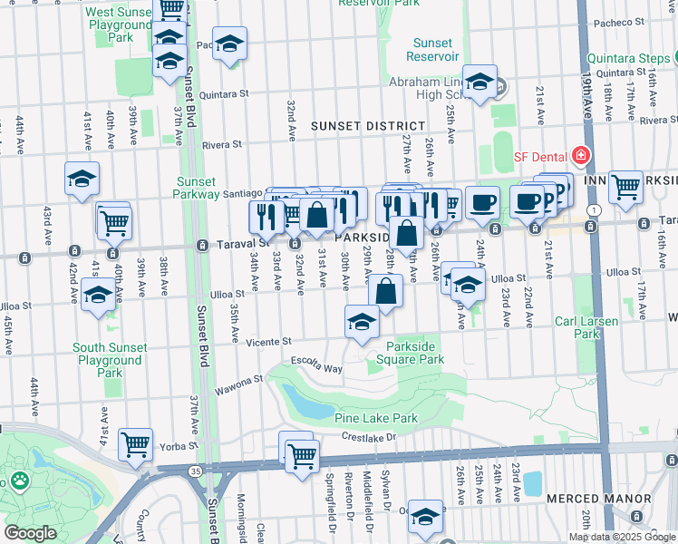 map of restaurants, bars, coffee shops, grocery stores, and more near 2454 30th Avenue in San Francisco