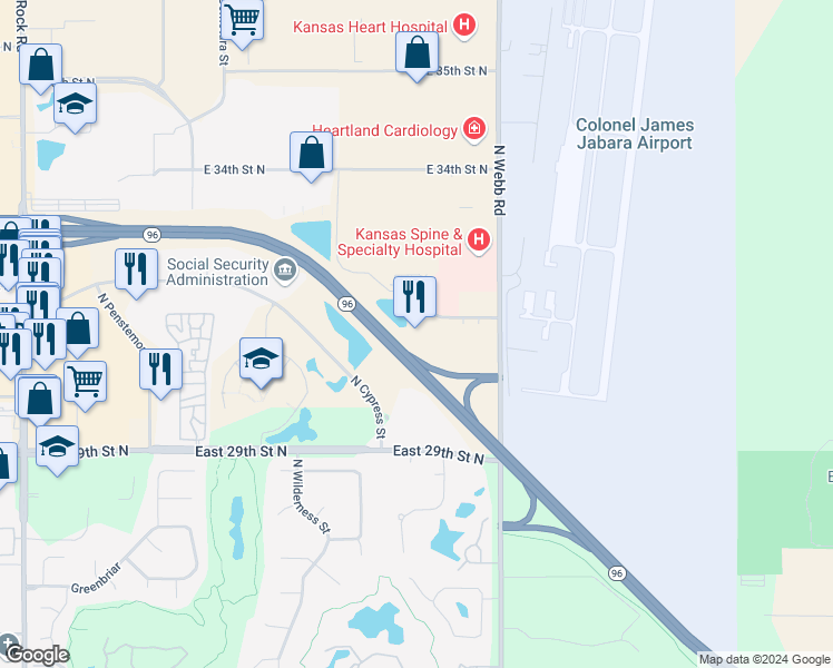 map of restaurants, bars, coffee shops, grocery stores, and more near 3213 North Toben Street in Wichita