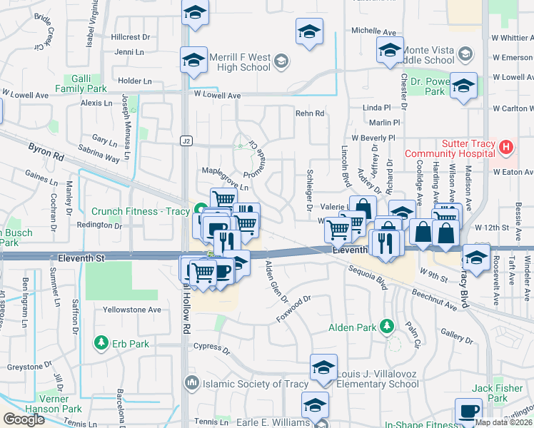 map of restaurants, bars, coffee shops, grocery stores, and more near 1759 Laurelgrove Lane in Tracy