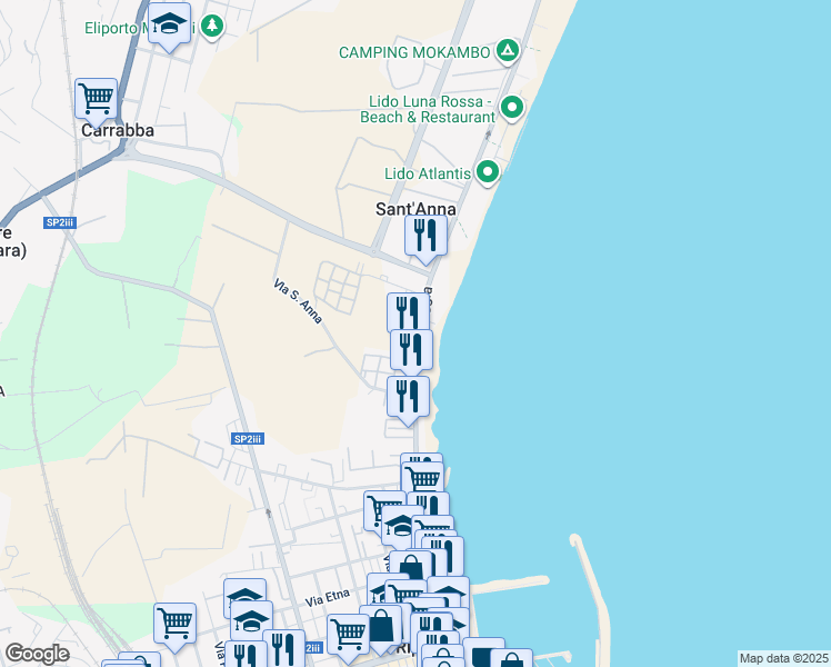 map of restaurants, bars, coffee shops, grocery stores, and more near 315 Via Spiaggia in Sant'Anna