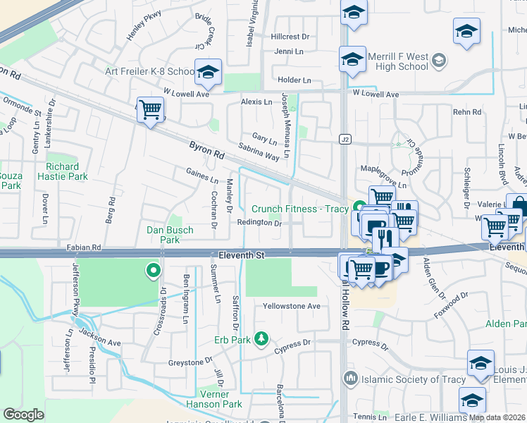 map of restaurants, bars, coffee shops, grocery stores, and more near 2266 Octavia Court in Tracy