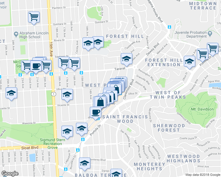 map of restaurants, bars, coffee shops, grocery stores, and more near 101 Madrone Avenue in San Francisco