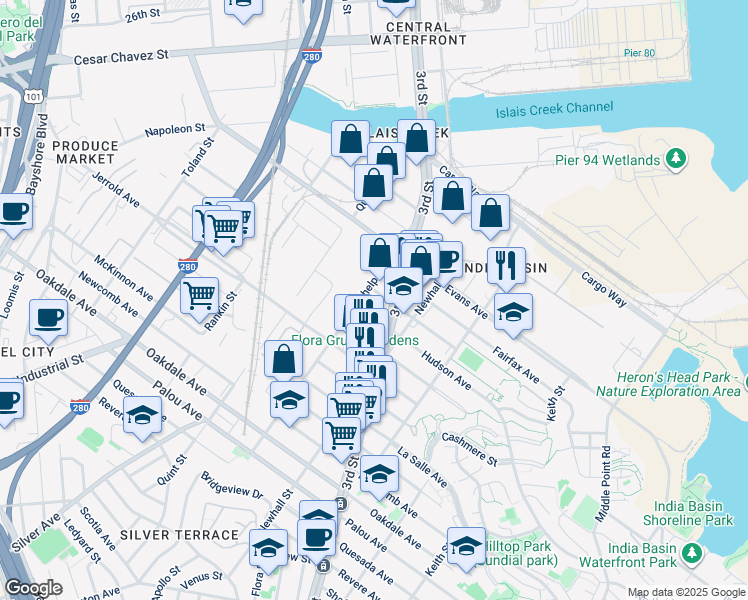 map of restaurants, bars, coffee shops, grocery stores, and more near 1695 Galvez Avenue in San Francisco
