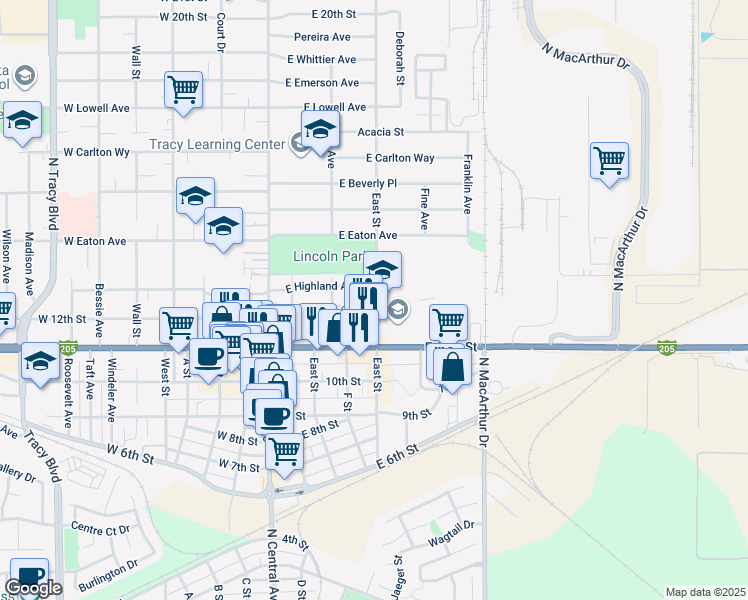 map of restaurants, bars, coffee shops, grocery stores, and more near 236 East Highland Avenue in Tracy