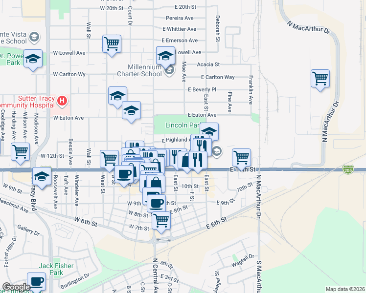 map of restaurants, bars, coffee shops, grocery stores, and more near 134 East Highland Avenue in Tracy
